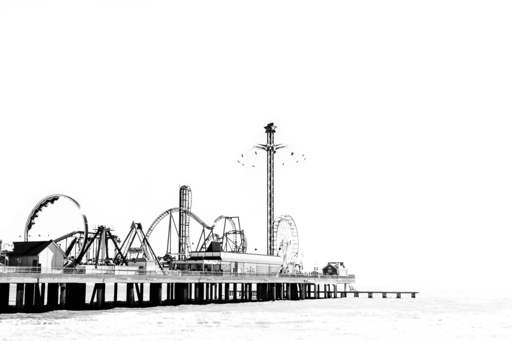 Galveston Pleasure Pier in B&W (#0312BW). Photograph by Jeff Kauffman.