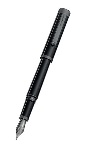 Photo showing the classic Italian luxury pen ZERO, a black on black fountain pen by Montegrappa. The background is white. Then pen is black with dark gunmetal highlights.