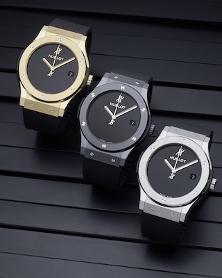 The Hublot Classic Fusion luxury watches  in three colors: yellow gold, polished titanium, and black ceramic. Photo: Hublot
