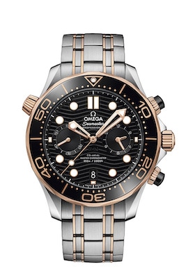 Omega Seamaster Diver 300M luxury watch with a black ceramic dial, Sedna gold engravings on a black ceramic bezel, and a bracelet of stainless steel and Sedna gold. Photo: Omega