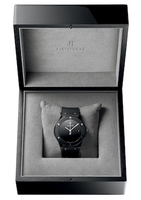 The Hublot Classic Fusion watch in black ceramic presented in its luxury box. Photo: Hublot