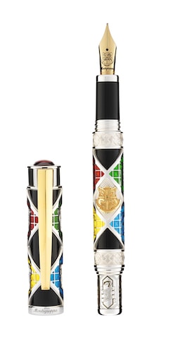 Photo showing the Harry Potter Hogwarts luxury fountain pen by Montegrappa. Background is white. The pen is multi colored with silver accents.