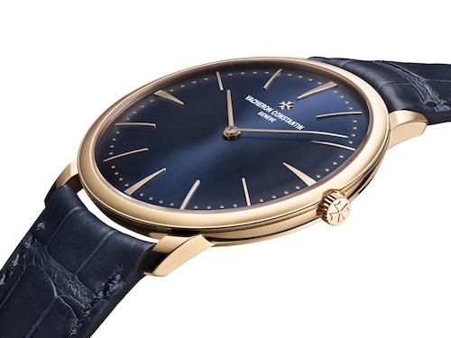 Vacheron Constantin. The Patrimony Collection's manual-winding watch with a starburst blue face, pink gold case, and a blue alligator leather strap. Photo: Vacheron Constantin