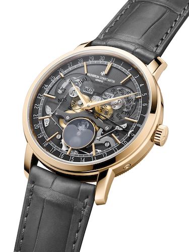 Vacheron Constantin. The Traditionnelle Collection's Complete Calendar Open Face with a gold case and grey alligator leather strap. Photo: Vacheron Constantin