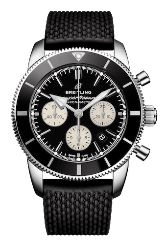 The Breitling Superocean Heritage II B01 Chronograph 44mm with a black face and black rubber strap. 
Photo: ©Breitling