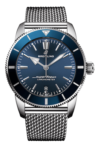 The Breitling Superocean Heritage II B20 Automatic 44mm with a blue face and black rubber strap.
Photo: ©Breitling, All rights reserved