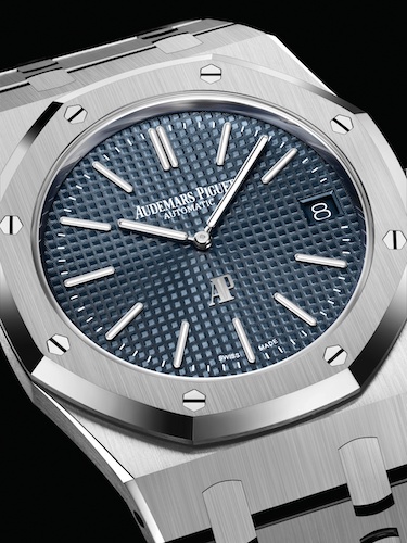 The Royal Oak watch (ref. 16202) with a blue dial, and stainless steel case and bracelet. Photo © Courtesy of Audemars Piguet