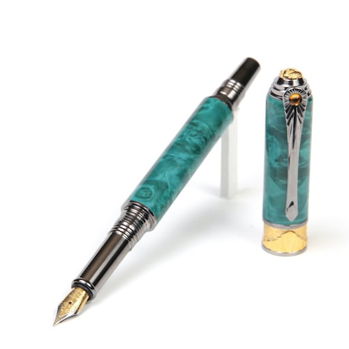 Lanier Pens. Turquoise Box Elder fountain pen with Art Deco accents.