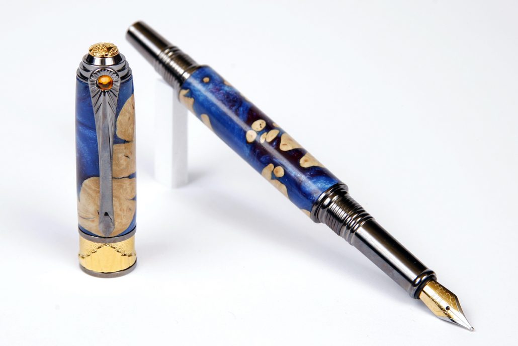 Lanier Pens. Midnight Raven Burl fountain pen with Art Deco accents.