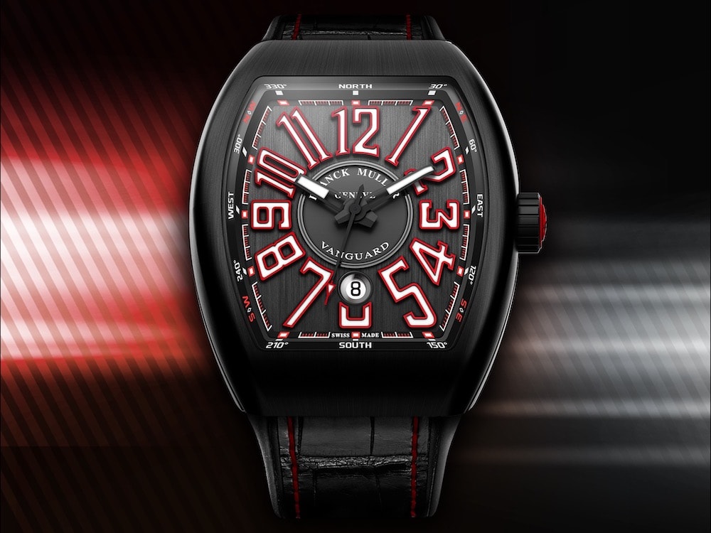 The Franck Muller luxury watches Vanguard Classic with a black titanium case and brushed black dial with striking red and white numbers. Photo: ©The Franck Muller Group