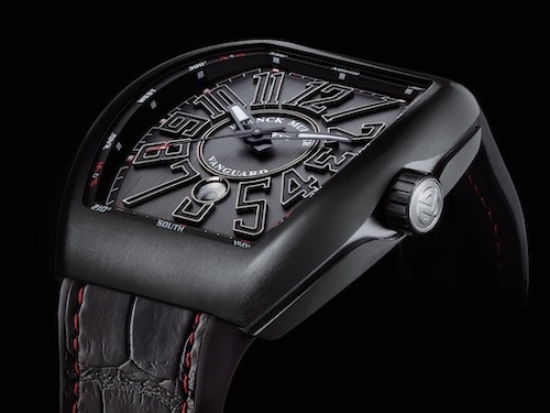 The Franck Muller luxury watches Vanguard Classic with a black titanium case, brushed black dial, and hand-sewn alligator strap. Photo: ©The Franck Muller Group