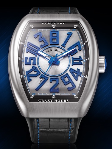 The Franck Muller luxury watches Vanguard Classic Crazy Hours with a stainless steel case, brushed white dial with vivid blue numerals, and hand-sewn alligator strap. Photo: ©The Franck Muller Group